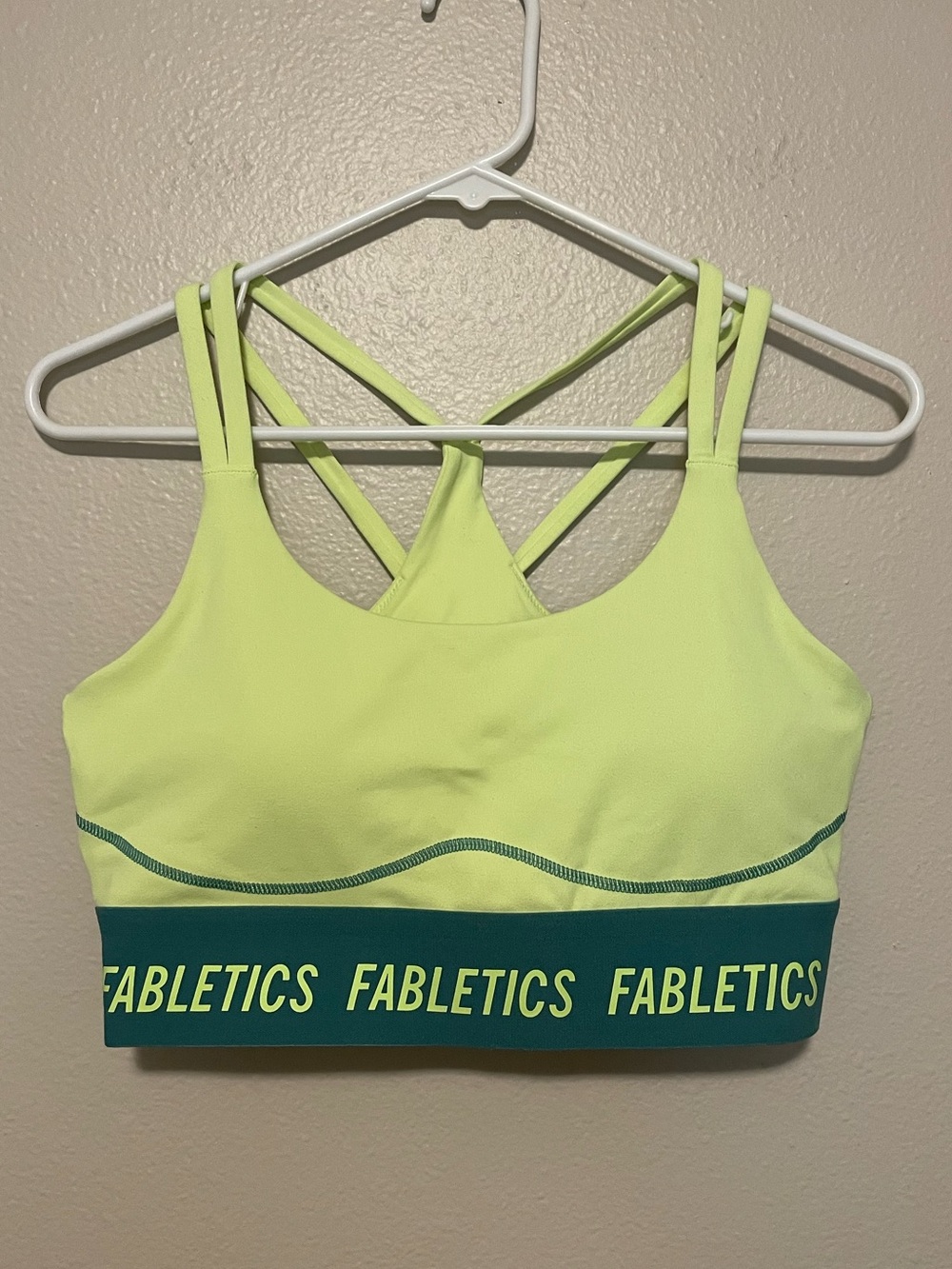 Fabletics Neon Yellow and Teal Strappy Sports Bra principal low impact